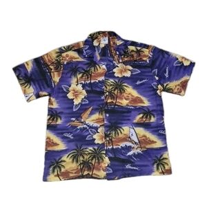 VTG Hana Fashion Hawaiian Shirt Mens XL Purple Hawaii Palm Trees Beach USA Aloha
